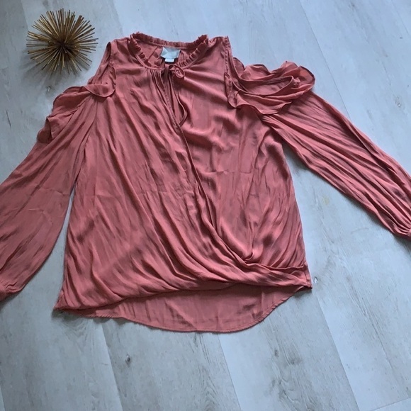 Anthropologie Liesel Maeve Cold Shoulder Ruffle Top blouse faux wrap L‎ orange - Picture 5 of 13